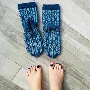 Knit Handmade Northern Pattern Blue Fuzzy Warm Socks